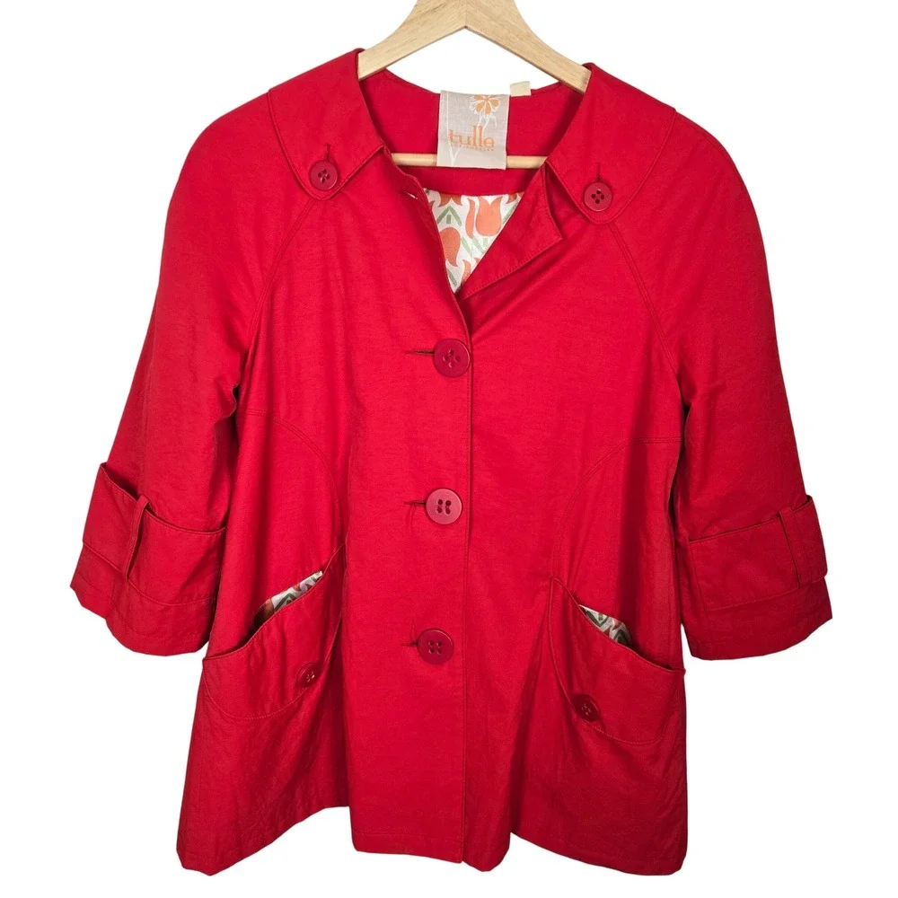 Anthropologie Tulle Cropped Trench Coat Womens XS Red 3/4‎ Retro Preppy Lined